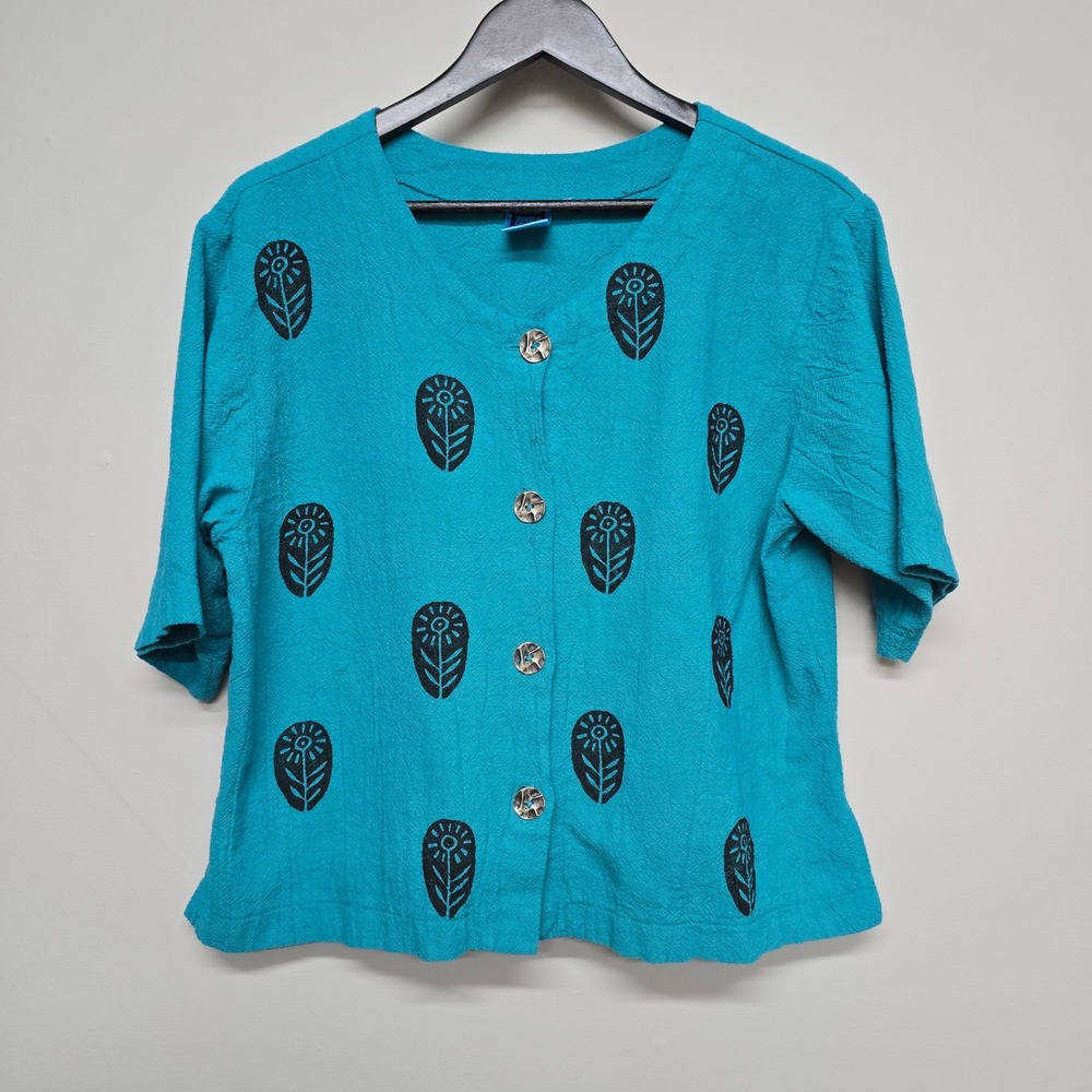 Vintage Ad Libs Button Front Top Womens Large Teal Cotton Artsy Boho Made USA